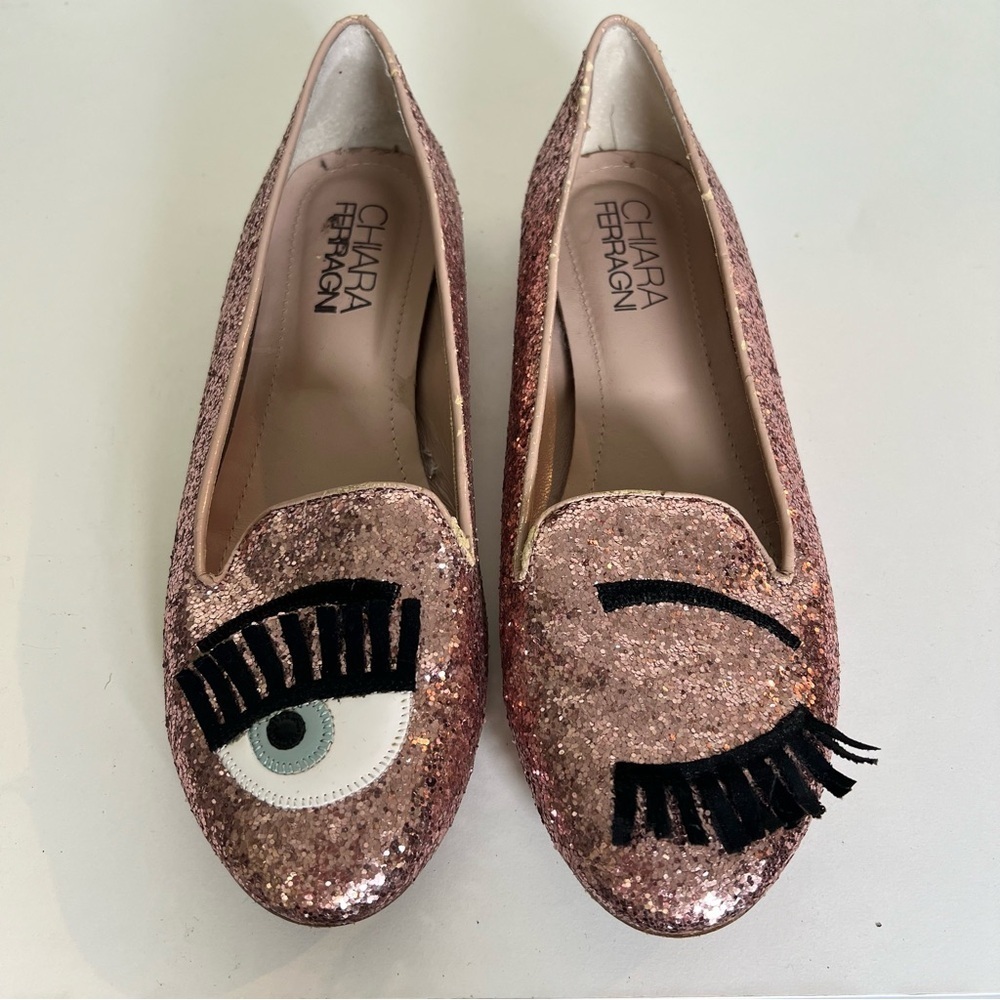 Chiara Ferragni Flirting Winking‎ Eye Pink Glitter Ballet Flats Size 7